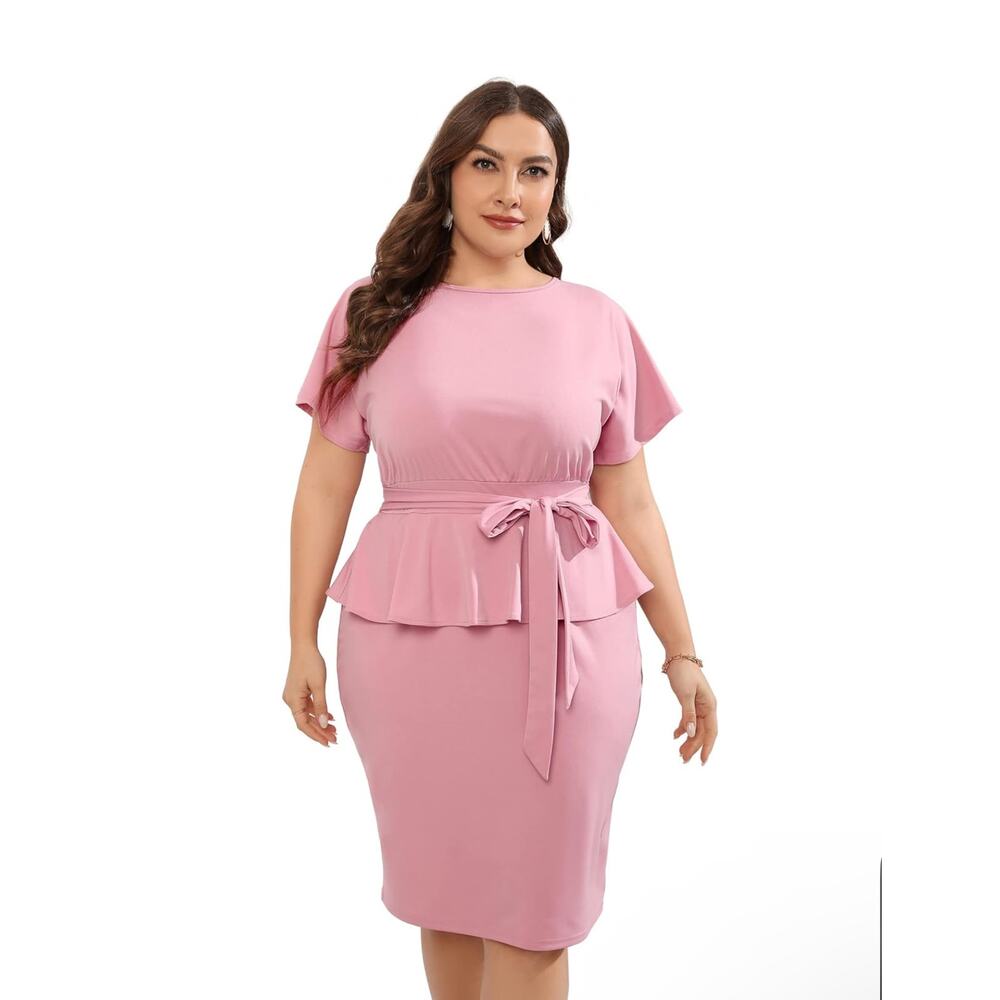 Plus Size 4XL KOJOOIN Women's Midi Dress Peplum Work Party Dress with Belt